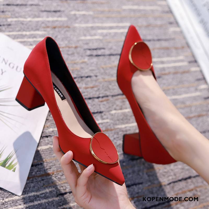 Hoge Hakken Dames Leer Vrouwen Pumps Dikke Zool Punt Schoenen Rood