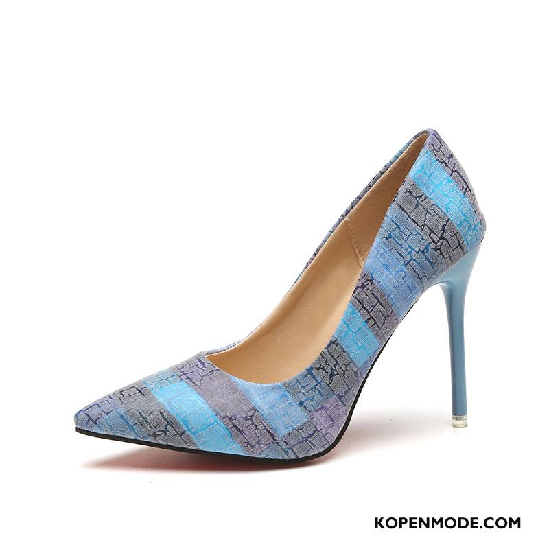 Hoge Hakken Dames Punt Schoenen Herfst Geruit Vrouwen Dunne Blauw