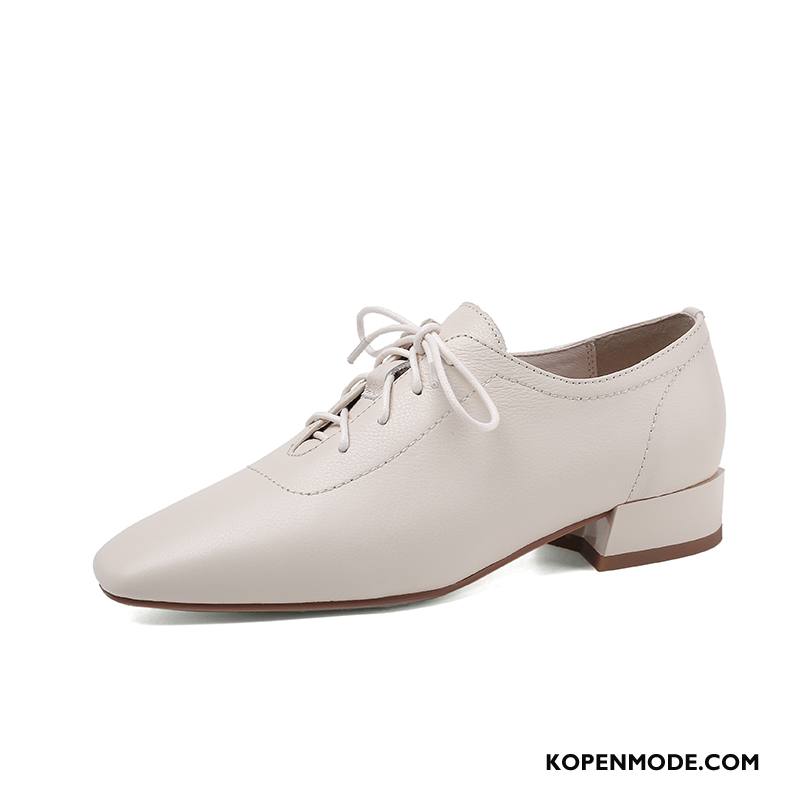 Hoge Hakken Dames Voorjaar Echt Leer Kant Schoenen Pumps Vintage Wit Donker