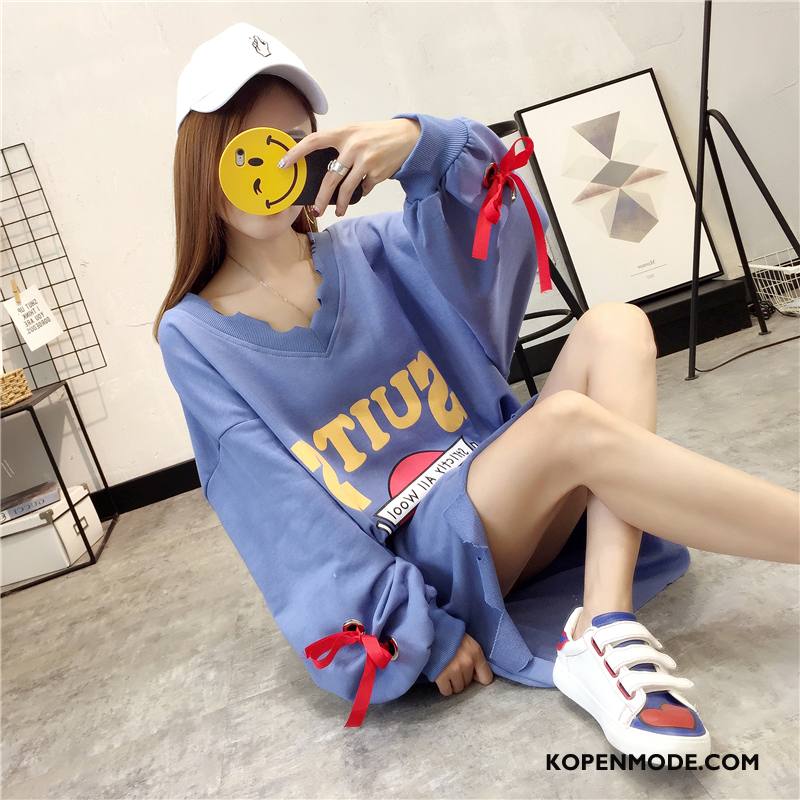 Hoodies Dames 2018 Trend Dunne Letter Lange Mouwen Mode Blauw