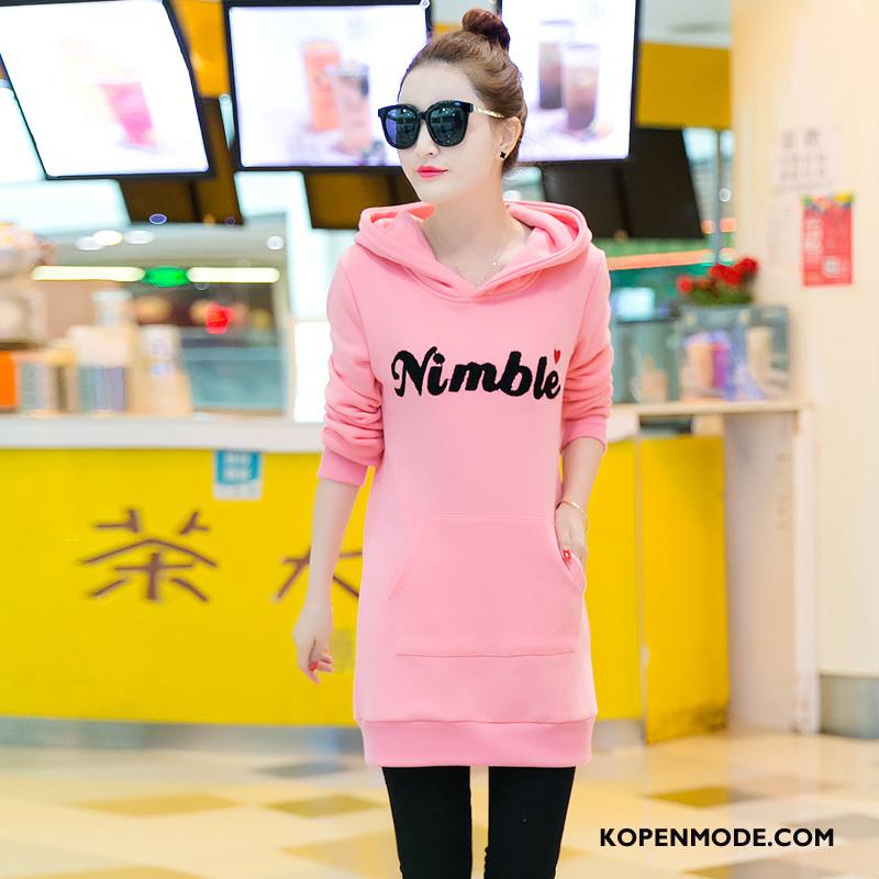 Hoodies Dames Dikke Mode Pullover Casual Lang Herfst Roze Rood