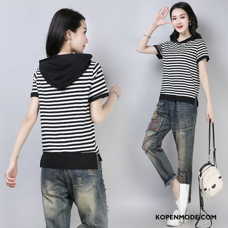 Hoodies Dames Elegante 2018 Trend Korte Mouw Casual Verbinding Zwart