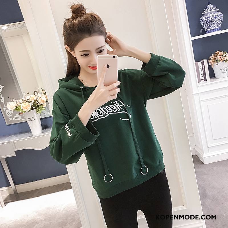 Hoodies Dames Kort Plus Kasjmier Lange Mouwen 2018 Voorjaar Mode Effen Kleur Groen