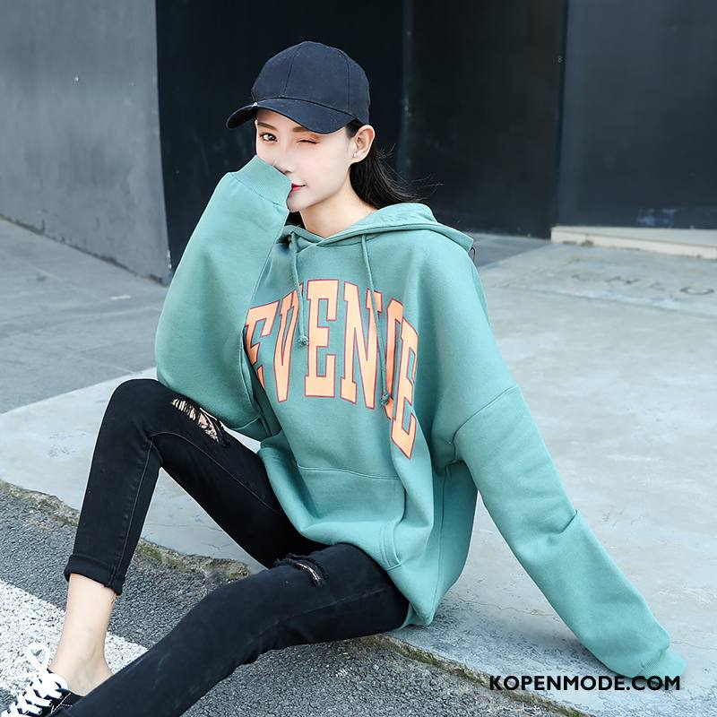 Hoodies Dames Lange Mouwen Zoet Losse Casual Pullover Katoen Effen Kleur Groen