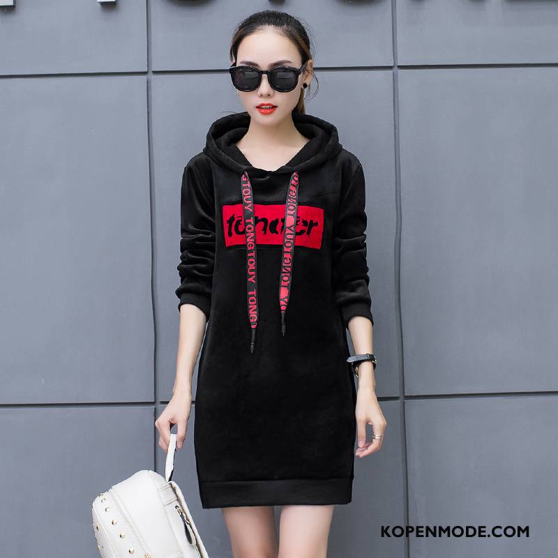 Hoodies Dames Letter Lang Losse Winter Trend Straat Zwart