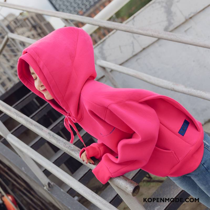 Hoodies Dames Mode Elegante Zak Trend Pullover Kort Roze Rood Effen Kleur