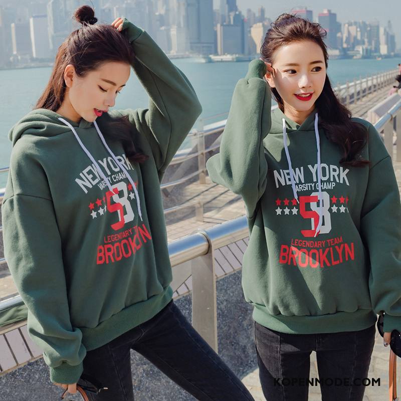 Hoodies Dames Verbinding Losse Trend Mode Elegante Voorjaar Legergroene Effen Kleur