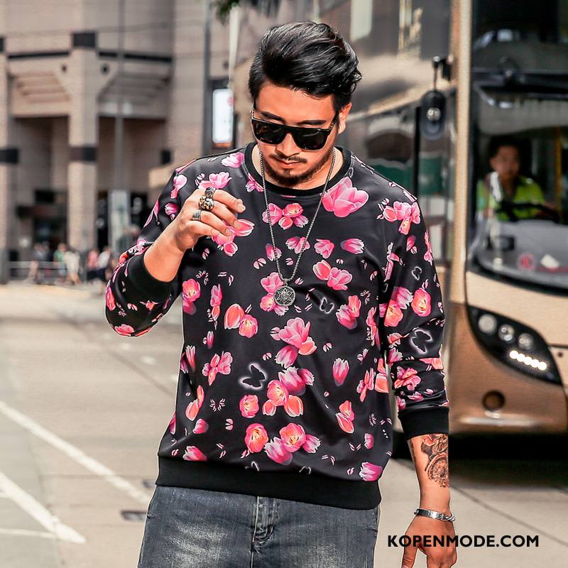 Hoodies Heren Vet Glimmende Lange Mouwen Groot Bloemen Mannen Rood