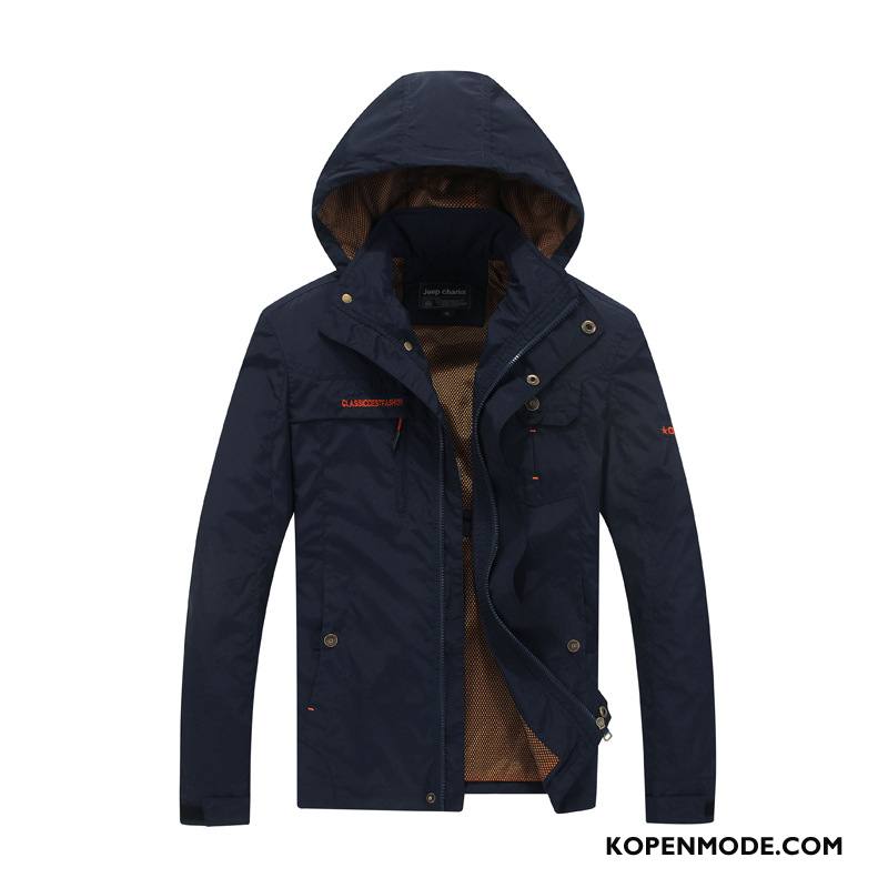 Jassen Heren Jack Voorjaar Grote Maten Met Capuchon Snel Droog Outdoor Donkerblauw