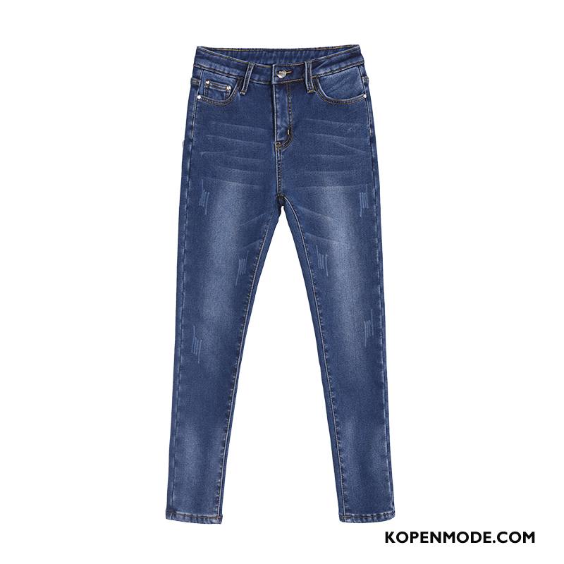 Jeans Dames Broek Winter Meer Zakken Dikke Katoen Knopen Blauw