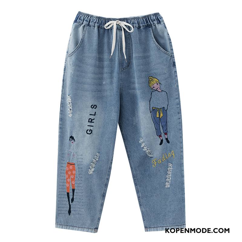 Jeans Dames Geborduurde Dunne Eenvoudige Spijkerbroek Jeans Grote Maten Zomer Lichtblauw