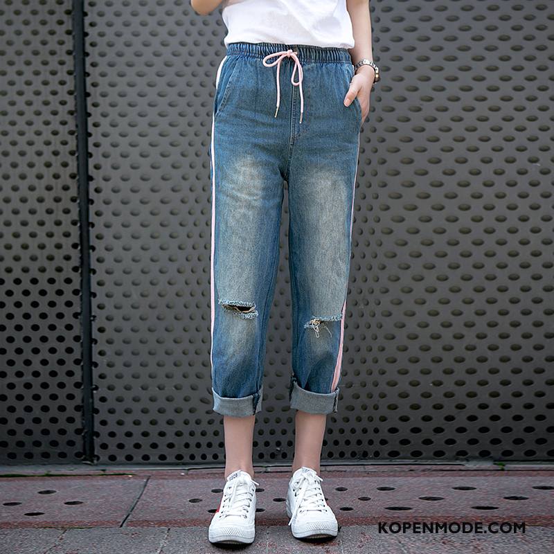 Jeans Dames Gescheurd Plooiende Eenvoudige Elegante Straat Kant Blauw