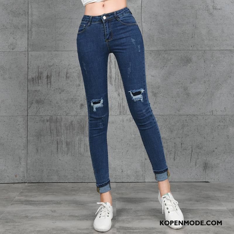 Jeans Dames Mid Taille Slim Fit Potlood Broek 2018 Voorjaar Spijkerbroek Jeans Effen Kleur Blauw