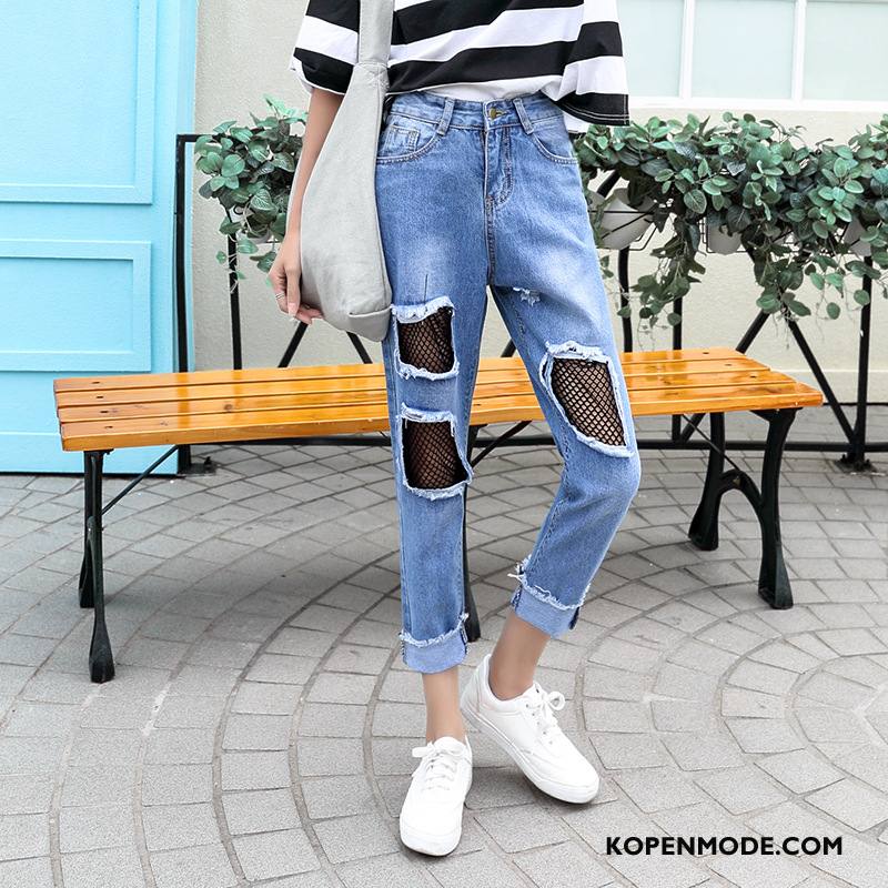 Jeans Dames Mode Slim Fit Gescheurd Dunne Handgemaakte Mid Taille Blauw