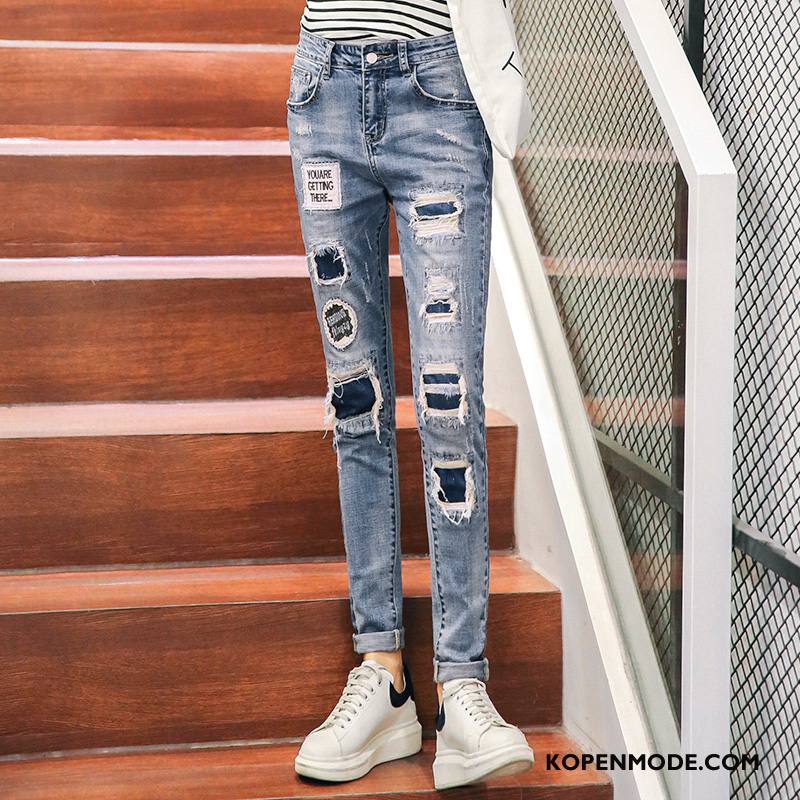 Jeans Dames Mode Voorjaar Zak Gaten Eenvoudige 2018 Effen Kleur Blauw