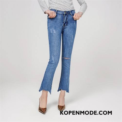 Jeans Dames Potlood Broek Mid Taille Gescheurd 2018 Knopen Spijkerbroek Jeans Blauw