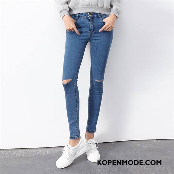 Jeans Dames Slim Fit Rits Dunne Broek Voorjaar Hoge Taille Effen Kleur Blauw