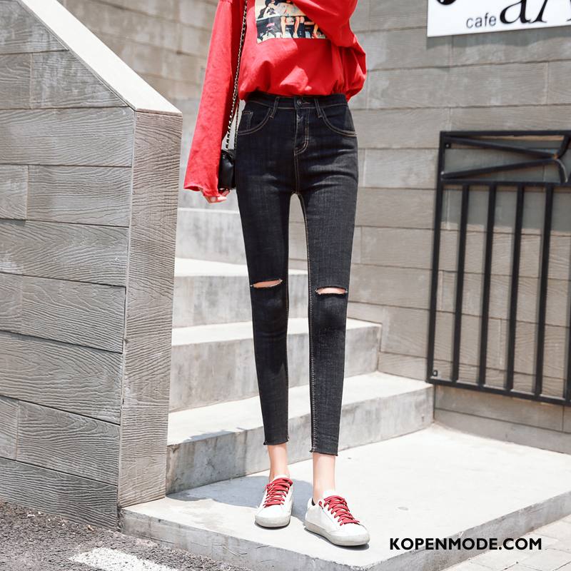 Jeans Dames Trend Voorjaar Mode Skinny Gaten Spijkerbroek Jeans Zwart