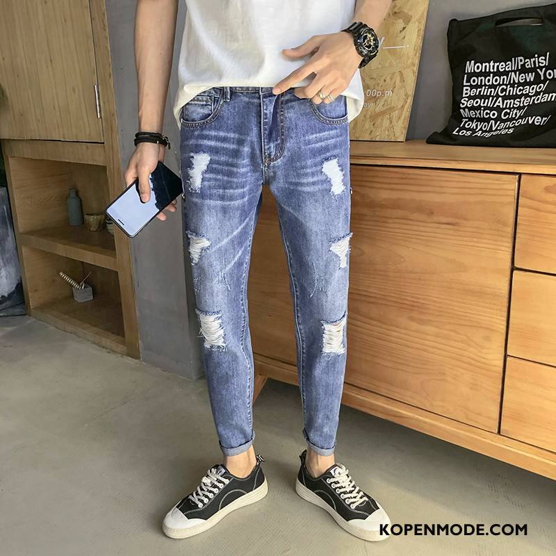 Jeans Heren Broek Gaten Mannen Dunne Slim Fit Spijkerbroek Jeans Blauw