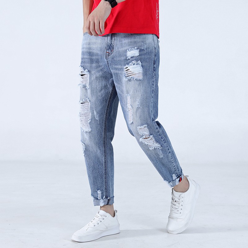 Jeans Heren Casual Mannen Gaten Mini Vintage Trend Blauw