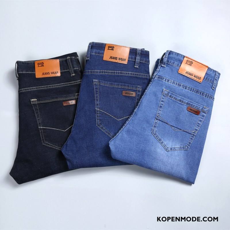 Jeans Heren Dunne Zomer Elastiek Spijkerbroek Jeans Lange Slim Fit Donkerblauw