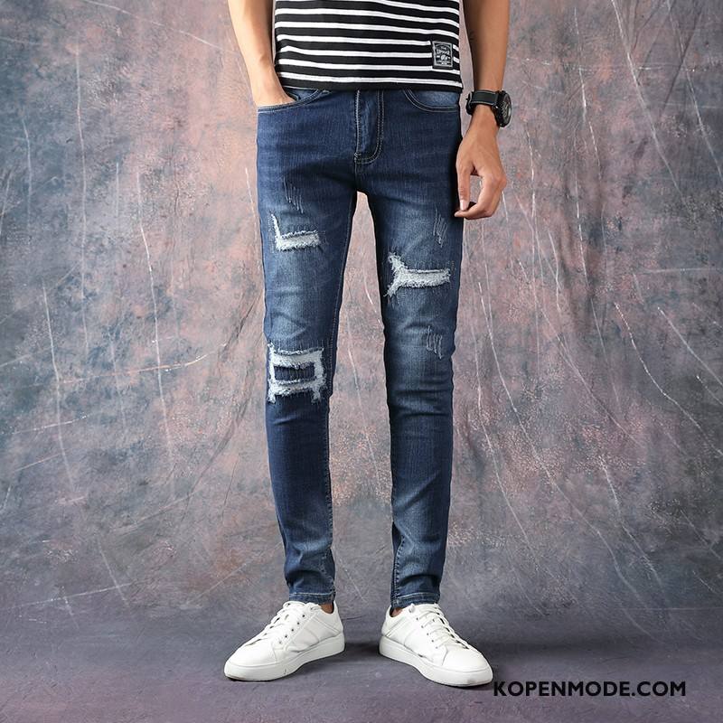 Jeans Heren Gaten Elastiek Mannen Slim Fit Zomer Spijkerbroek Jeans Marineblauw Beige