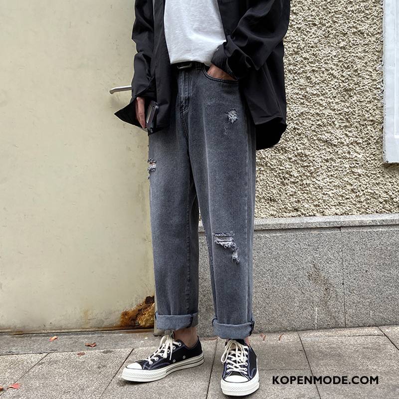 Jeans Heren Gaten Rechtdoor Voorjaar Mooi Spijkerbroek Jeans Super Grijs Donker
