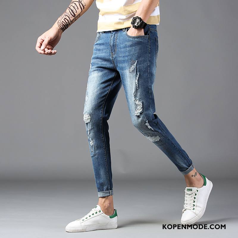 Jeans Heren Gaten Trend Nieuw Zomer Mini Slim Fit Blauw