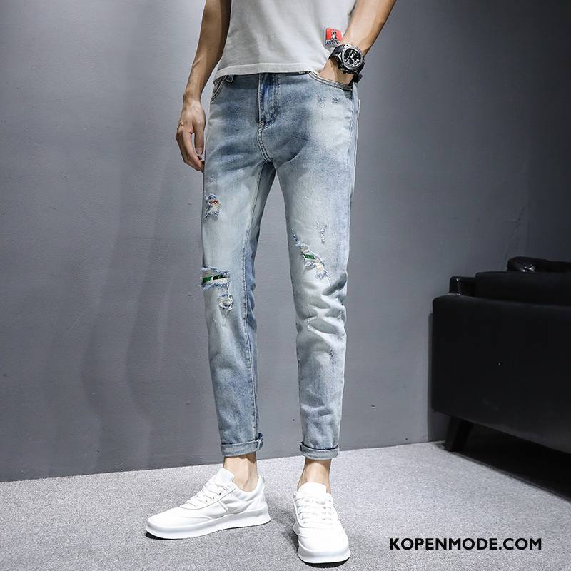Jeans Heren Gaten Trend Spijkerbroek Jeans Slim Fit Trendy Merk Mannen Blauw Licht
