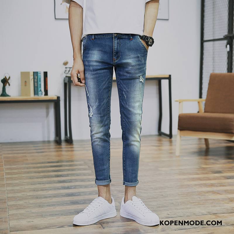 Jeans Heren Mannen Herfst Trend Elastiek Slim Fit Denim Blauw