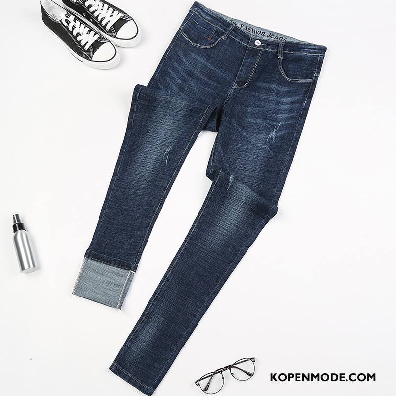 Jeans Heren Mannen Trend Student Spijkerbroek Jeans Casual Elastiek Donkerblauw