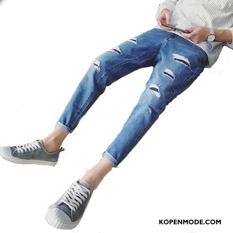 Jeans Heren Nieuw Gaten Rechtdoor Mini Zomer Mid Taille Blauw