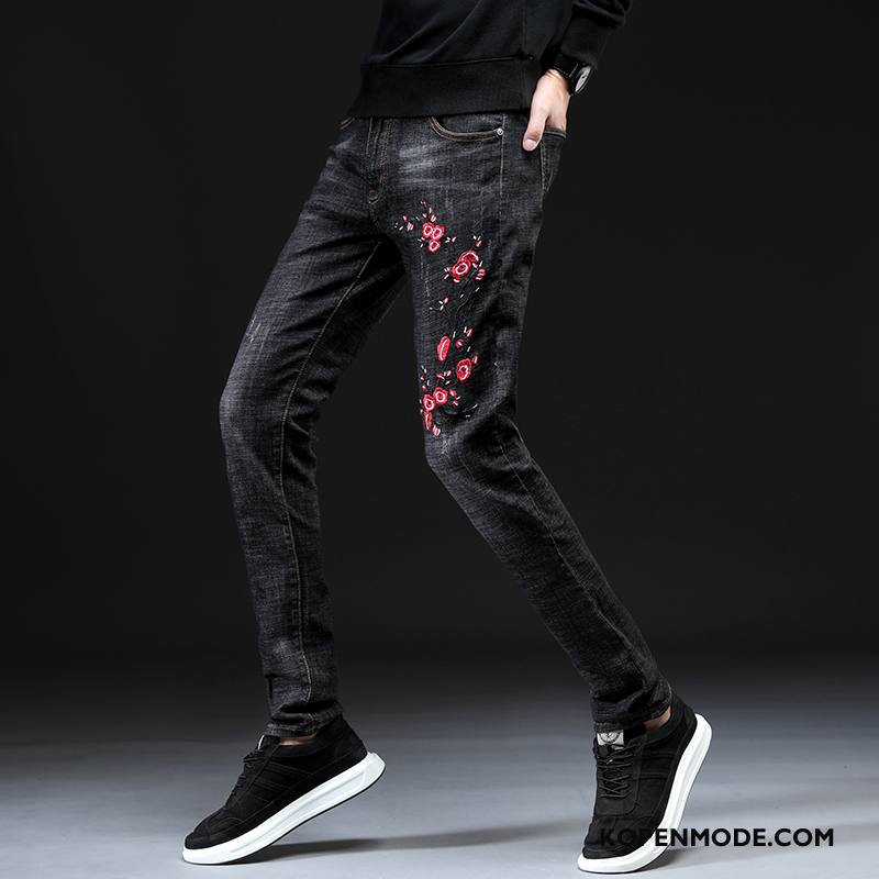 Jeans Heren Slim Fit Bloemen Mode Mannen Elastiek Potlood Broek Blauw Zwart