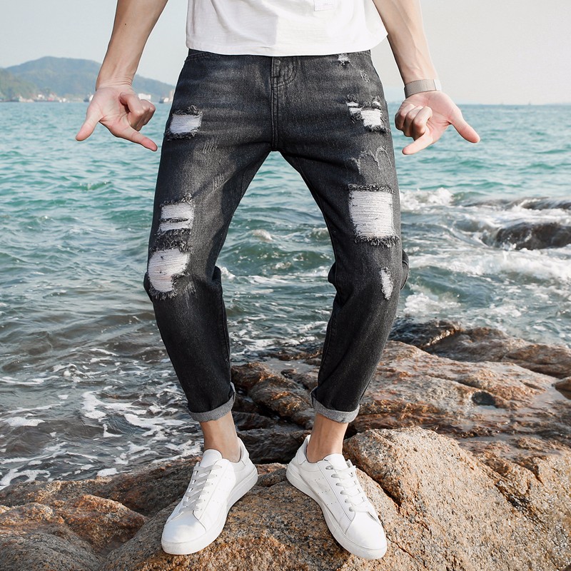Jeans Heren Slim Fit Potlood Broek Trend Spijkerbroek Jeans Gaten Dunne Zwart