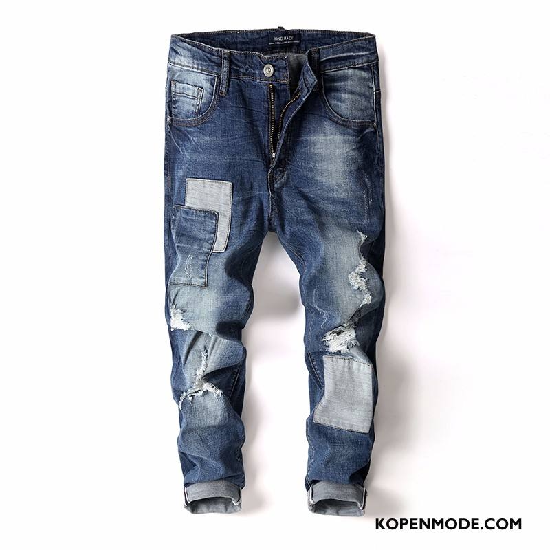 Jeans Heren Spijkerbroek Jeans Gaten Dunne Slim Fit Mannen Mini Blauw