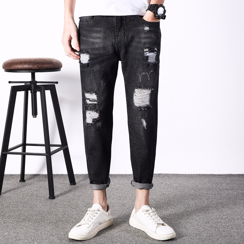 Jeans Heren Spijkerbroek Jeans Mannen Harlan Gaten Potlood Broek Zwart