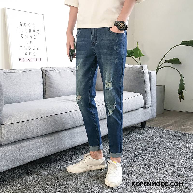 Jeans Heren Spijkerbroek Jeans Trend Trendy Merk Elastiek Slim Fit Gaten Blauw