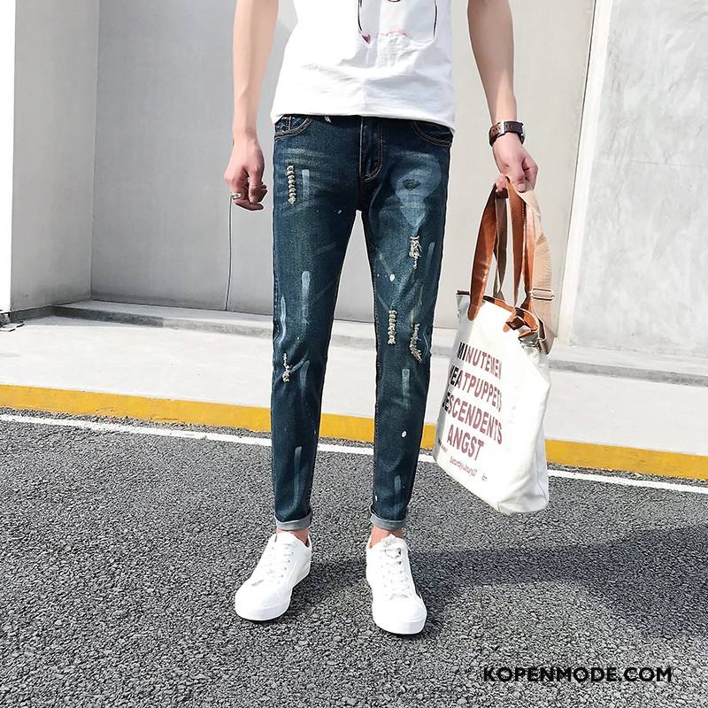 Jeans Heren Trend Zomer Mannen Slim Fit Mini Gaten Donkerblauw