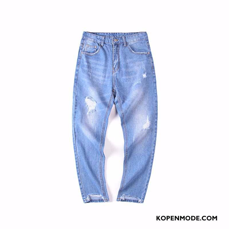 Jeans Heren Voorjaar Casual Persoonlijk Jeugd Gaten Spijkerbroek Jeans Blauw Licht