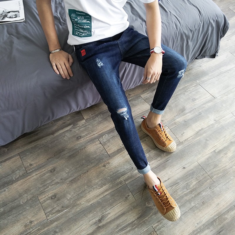 Jeans Heren Zomer Gaten Speciaal Slim Fit Trend Koe Blauw