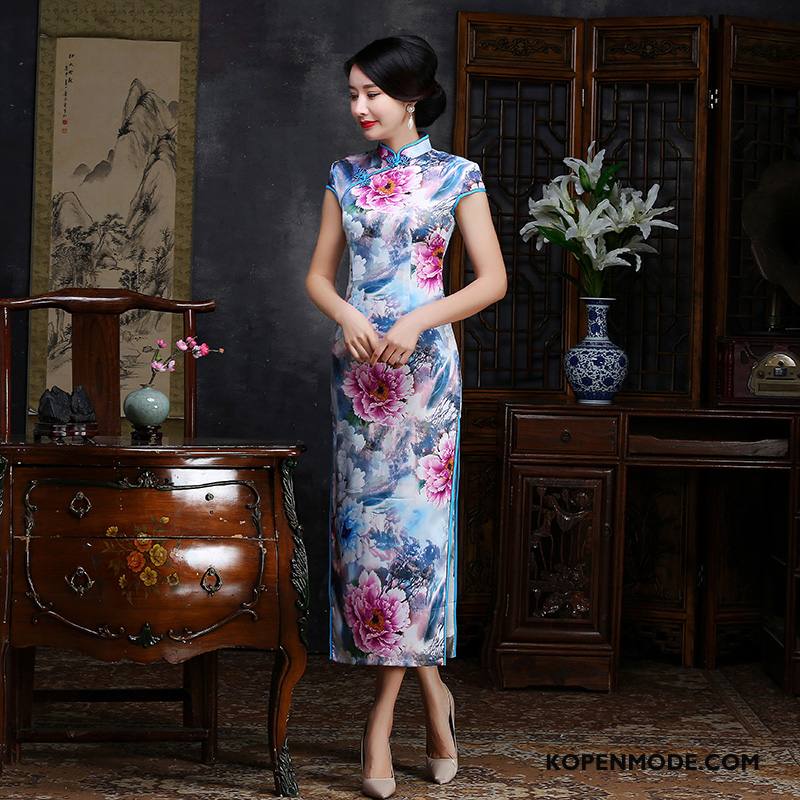 Jurk Dames Elegante Zomer Mode Cheongsam Gazen Trend Blauw