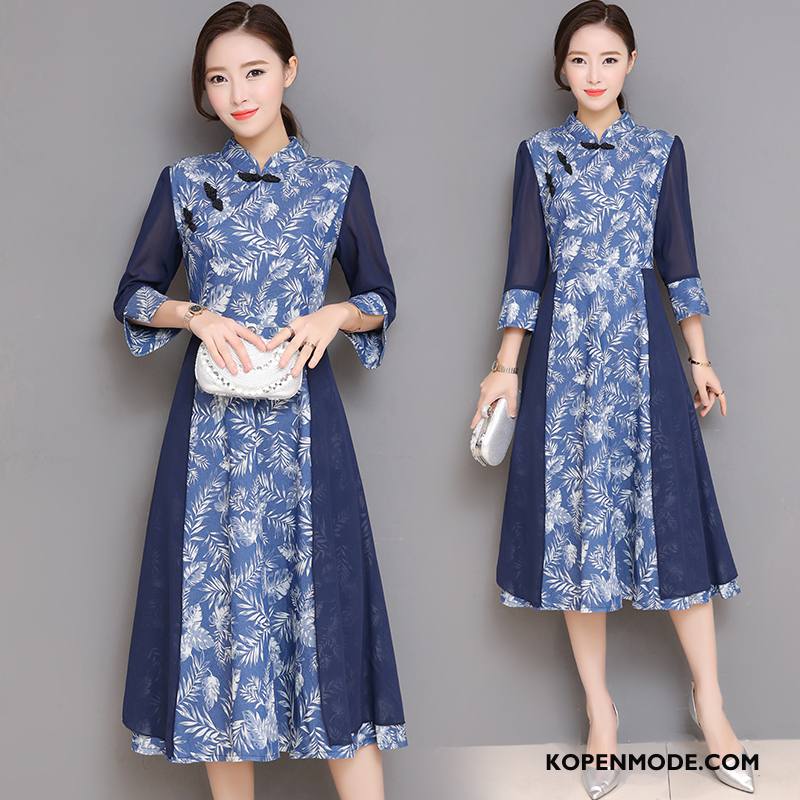 Jurk Dames Lange Cheongsam Mouw Elegante 2018 Gazen Blauw