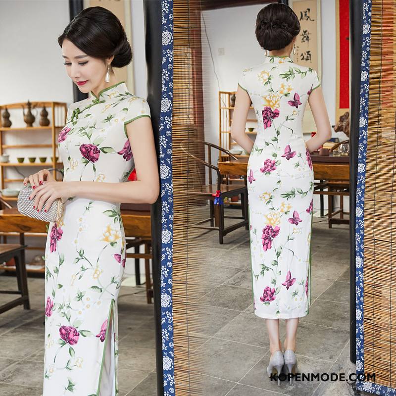 Jurk Dames Trend Slim Fit Elegante Gazen 2018 Cheongsam Effen Kleur Wit