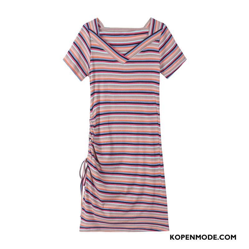 Jurken Dames Breien Hoge Taille Dunne Zomer Streep Vrouwen Roze