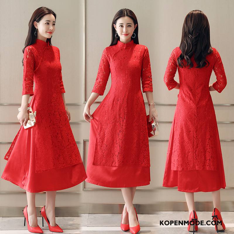 Jurken Dames Mouw Elegante Hoge Kant Mode Bloemen Effen Kleur Rood