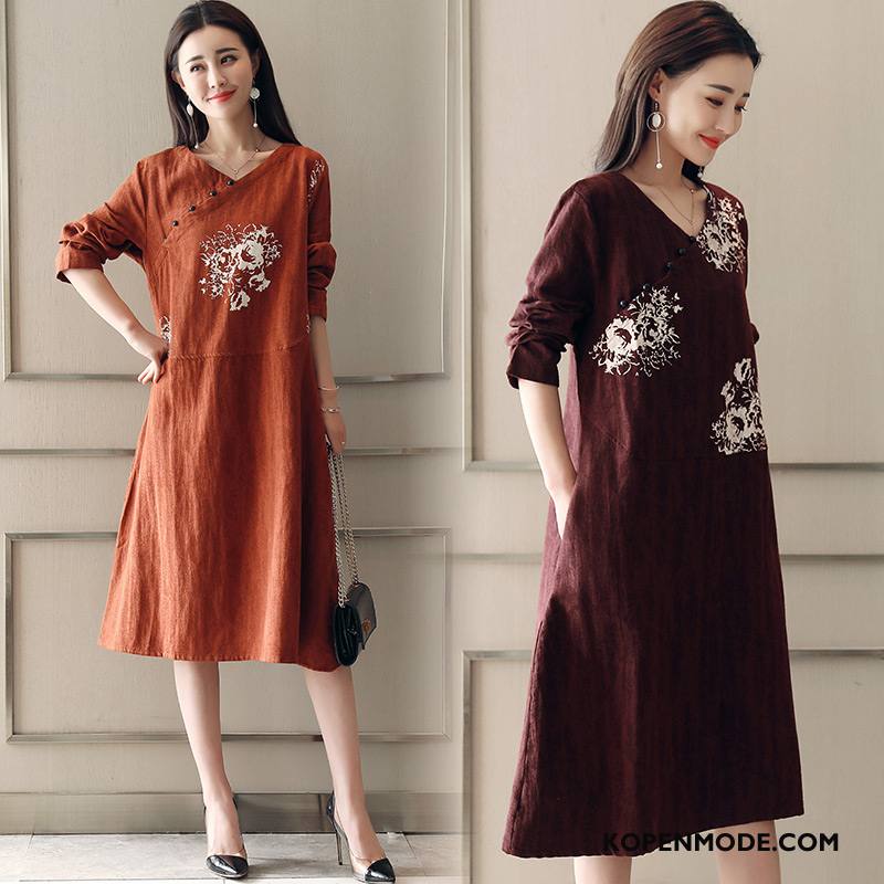 Jurken Dames Slim Fit 2018 Mouw Dunne Voorjaar Elegante Oranje Donker