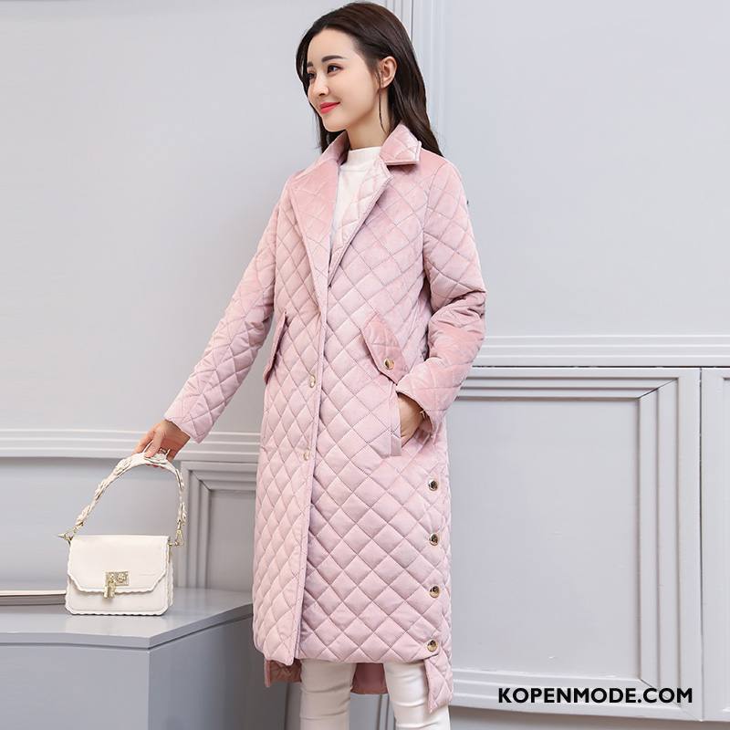 Katoenen Jas Dames Elegante 2018 Lange Mouwen Winter Eenvoudige Trend Effen Kleur Roze