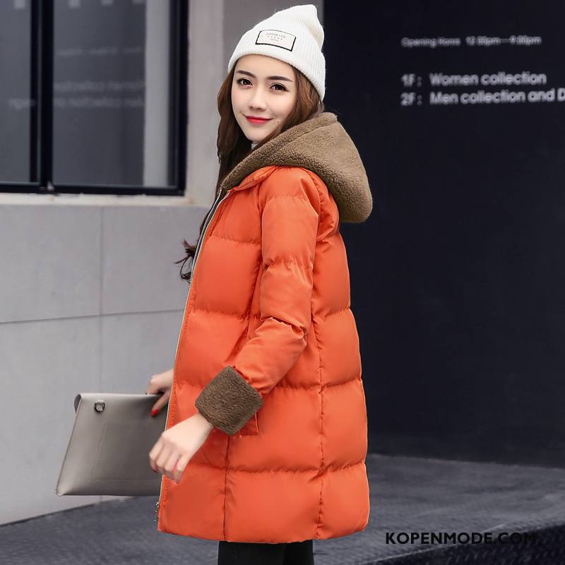 Katoenen Jas Dames Elegante Winter Casual Slim Fit Lang 2018 Effen Kleur Rood Oranje