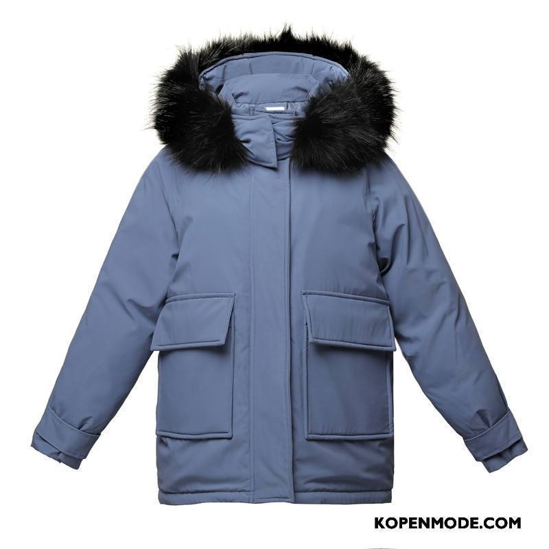 Katoenen Jas Dames Jasje Winter Kleding Grote Maten Hoodie Lang Bontkraag Blauw