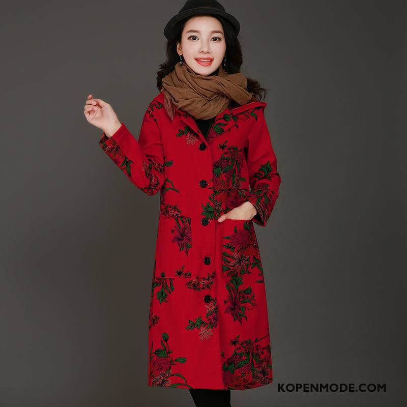 Katoenen Jas Dames Lange Met Één Rij Knoppen Mode Elegante Lange Mouwen Winter Rood